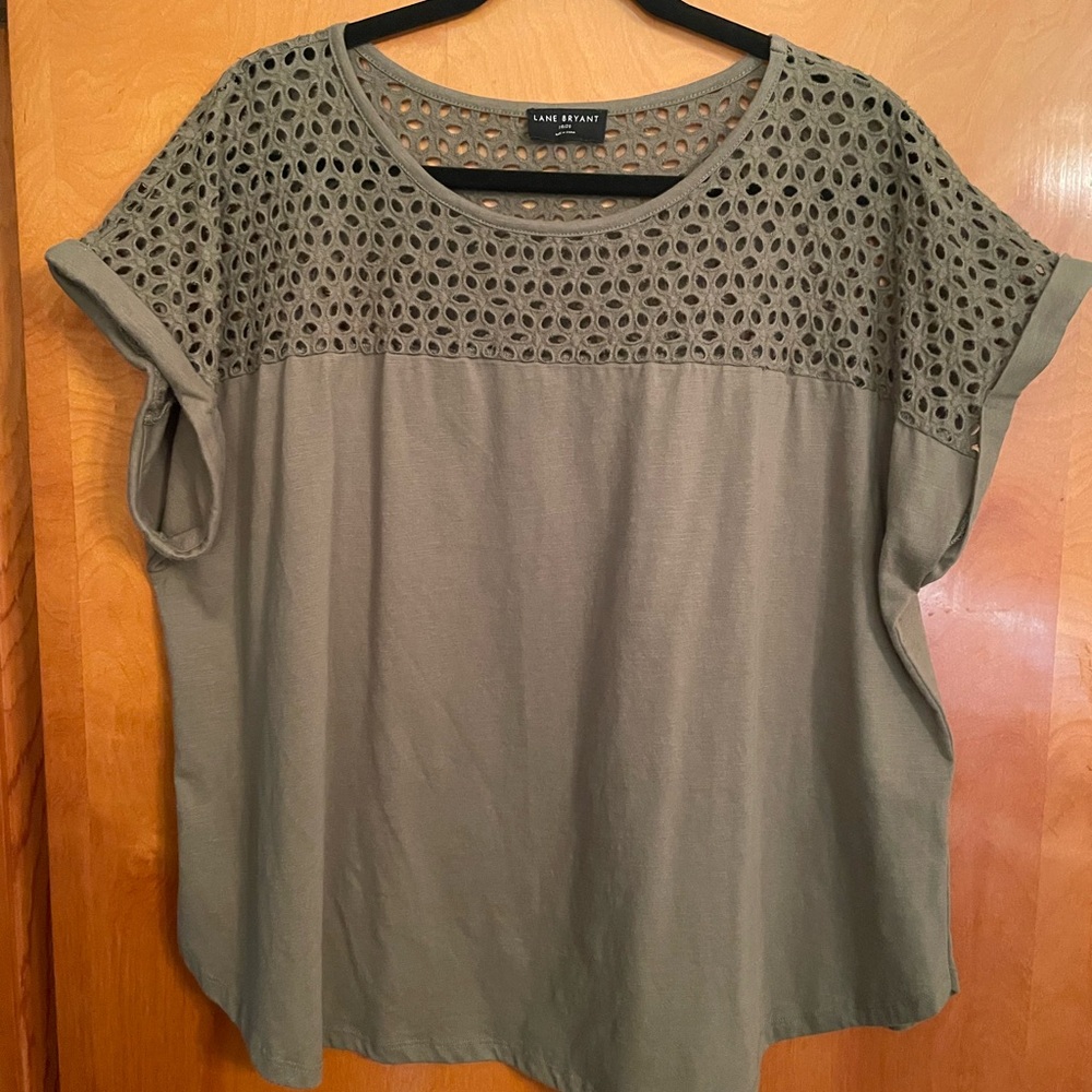 Lane Bryant Olive Green Eyelet collar Blouse